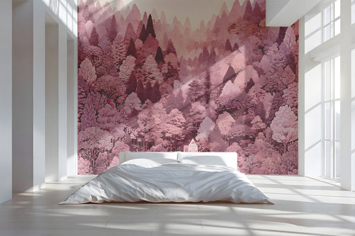 A cozy nursery featuring a pink forest mural behind a white wooden crib.