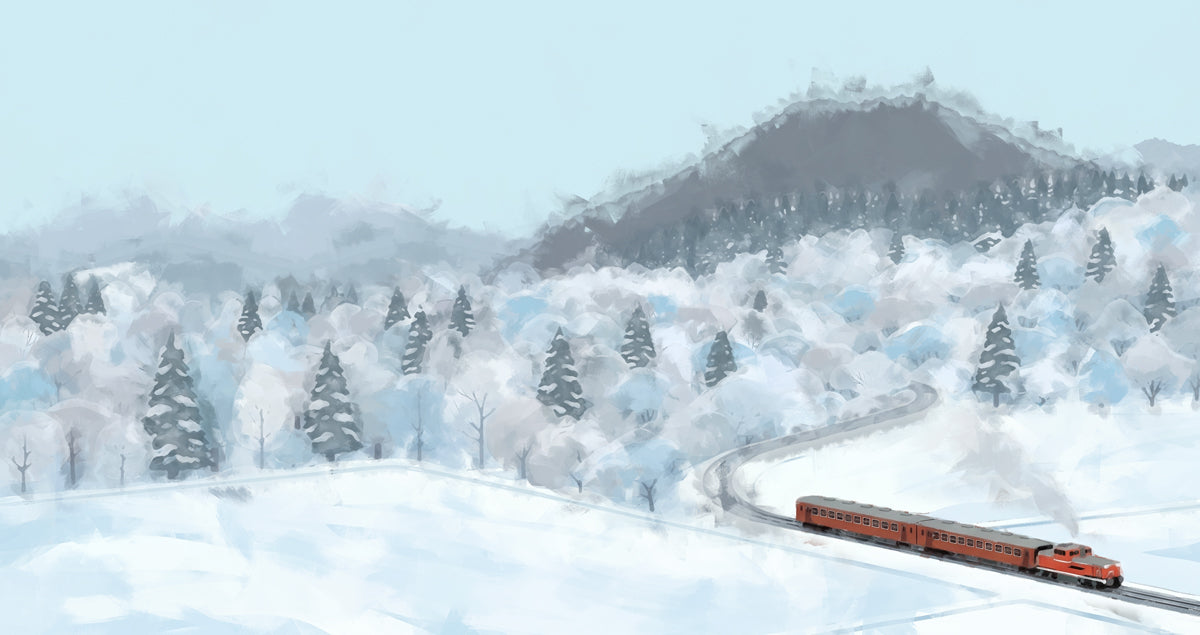 Painterly snowy mountain landscape with a red passenger train winding through a frost-covered evergreen forest.