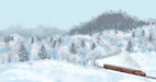 Painterly snowy mountain landscape with a red passenger train winding through a frost-covered evergreen forest.