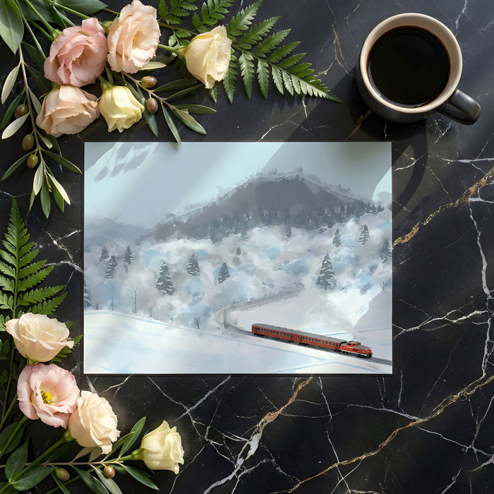 A quiet home office featuring a winter mountain mural, creating a sense of space and calm.