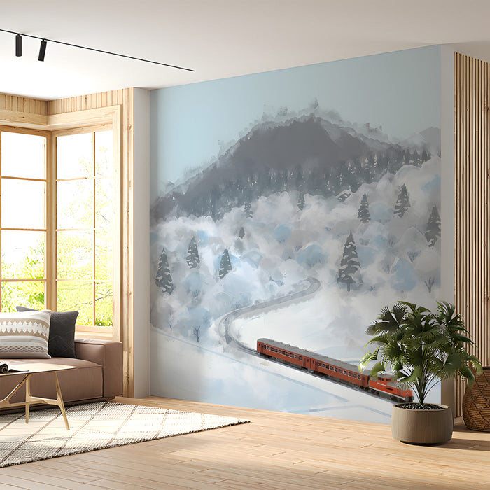A bright, modern study featuring a train landscape mural, bringing an artistic element to the hallway.