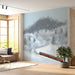A bright, modern study featuring a train landscape mural, bringing an artistic element to the hallway.