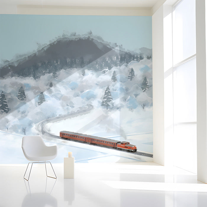 A cozy entryway with a snowy landscape wallpaper on the main wall behind a white bed frame.