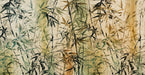 Abstract ink wash mural with bamboo stalks in ochre, charcoal, and olive green on a parchment background.