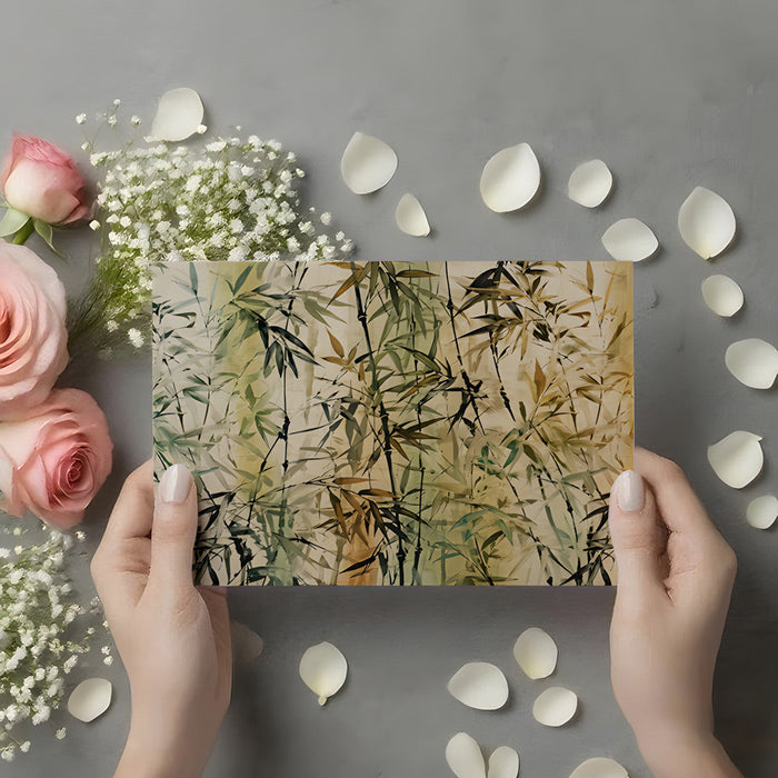Earthy bamboo mural creating a calm, natural backdrop in a cozy home office.