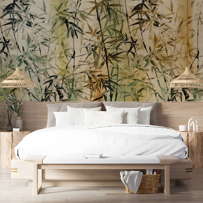 Ink wash botanical wallpaper in a tranquil bedroom suite with linen furnishings.