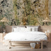Ink wash botanical wallpaper in a tranquil bedroom suite with linen furnishings.