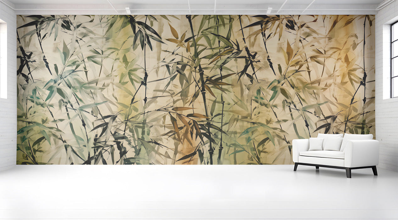 Bamboo ink wash wallpaper installed as a feature wall in a minimalist zen-style entryway.
