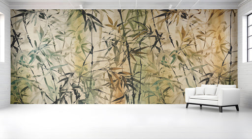 Bamboo ink wash wallpaper installed as a feature wall in a minimalist zen-style entryway.