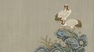 Elegant wallpaper mural with two cranes perched on blue and slate grey rocks against a warm oatmeal linen texture background.