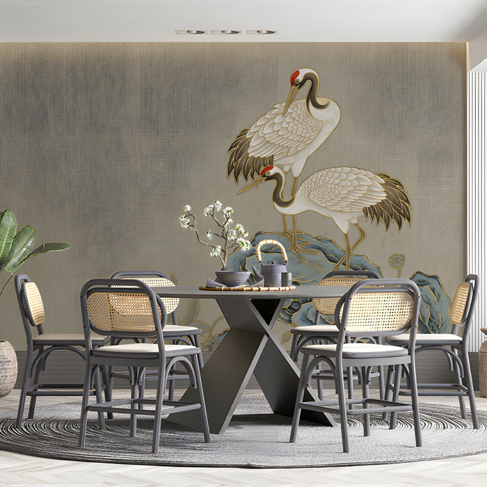 A serene dining room corner featuring the crane and rock mural, creating a refined and artistic workspace.