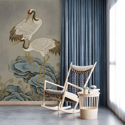 A sophisticated study featuring the crane and rock mural as a focal point behind a minimalist velvet sofa.