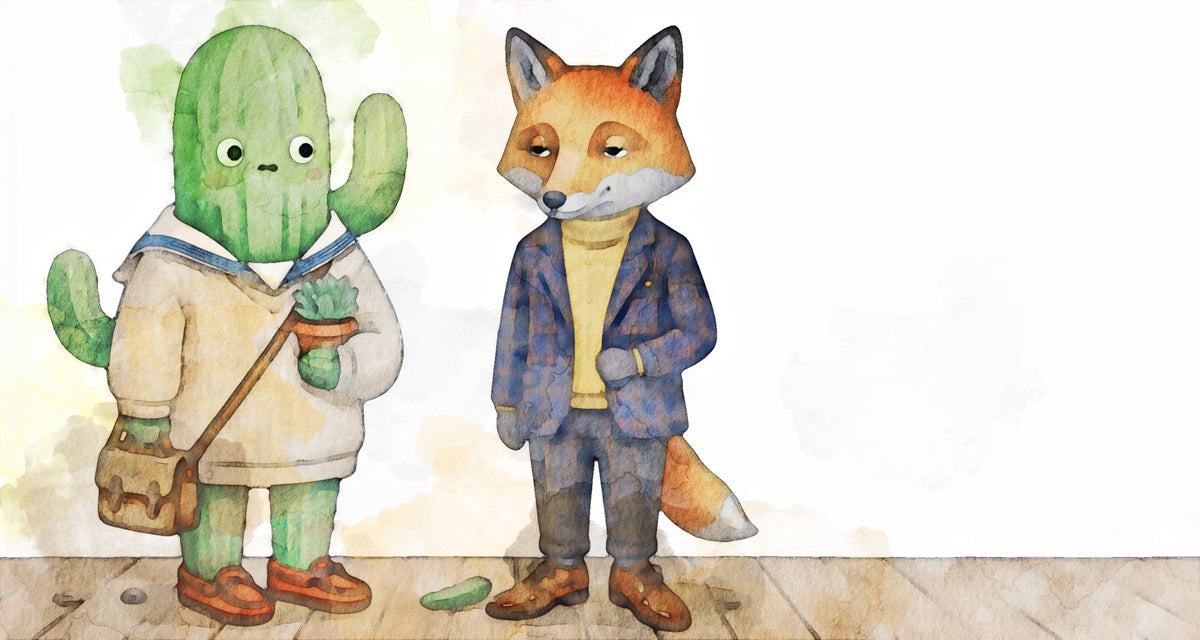 Watercolor mural featuring a friendly cactus in a sailor suit and a stylish fox standing on wooden floorboards.
