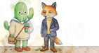 Watercolor mural featuring a friendly cactus in a sailor suit and a stylish fox standing on wooden floorboards.