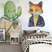 A colorful bedroom with a charming watercolor mural of animal friends on a large feature wall.