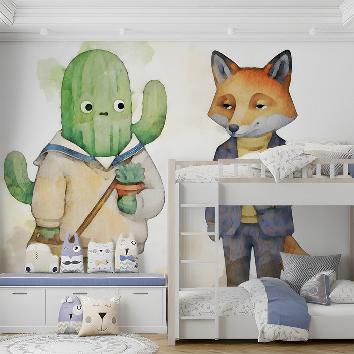 A cozy nursery wall featuring a whimsical watercolor animal mural above a white wooden crib.