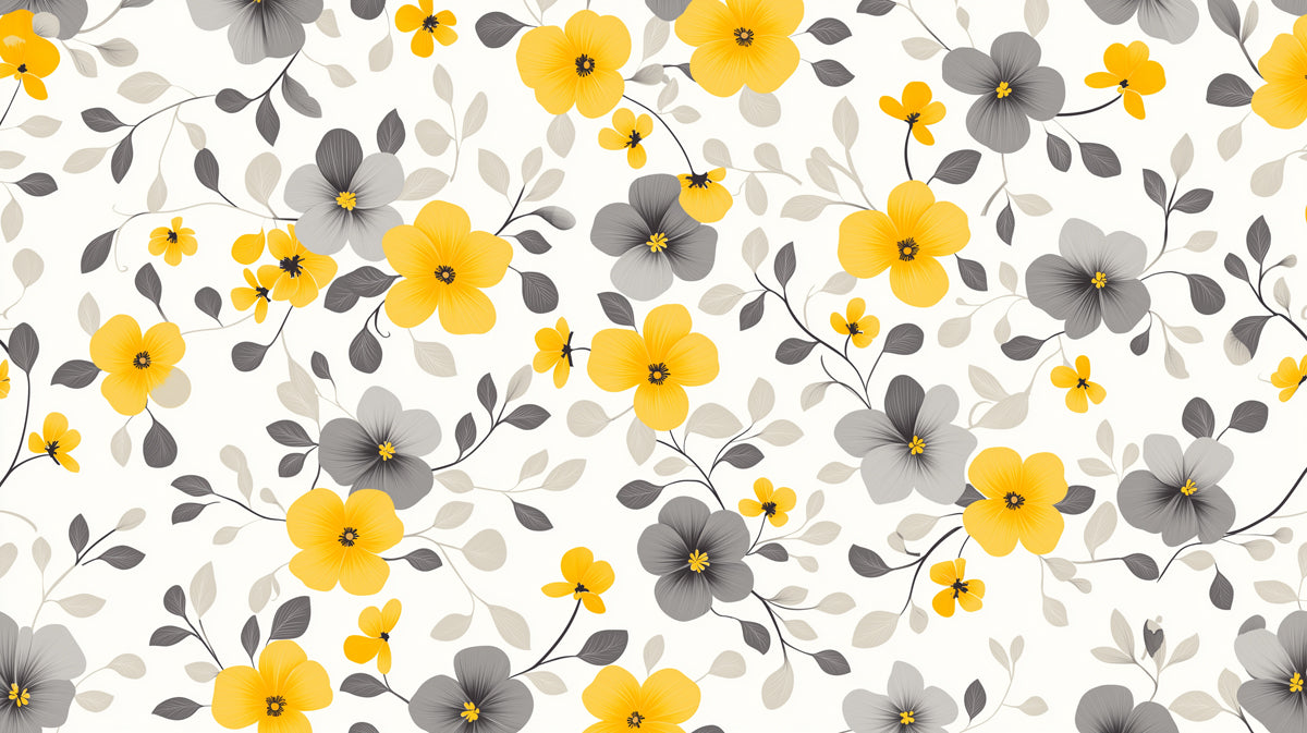 Yellow and Gray Floral - Patterned Wallpaper 