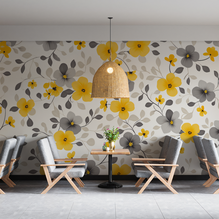 Yellow and Gray Floral - Patterned Wallpaper 