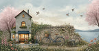 A watercolor style mural featuring a stone cottage, ivy wall, bicycle, and cherry blossoms by the water.