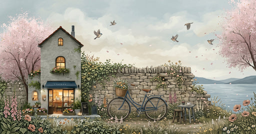 A watercolor style mural featuring a stone cottage, ivy wall, bicycle, and cherry blossoms by the water.