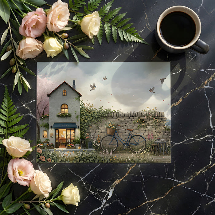A bright dining room featuring a picturesque coastal village wallpaper as a decorative backdrop.