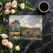 A bright dining room featuring a picturesque coastal village wallpaper as a decorative backdrop.