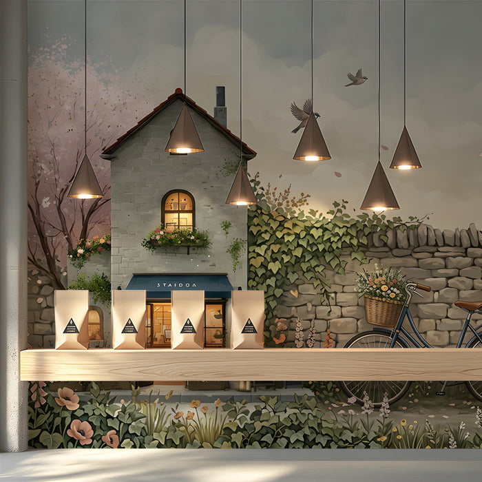An shopping nook featuring a tranquil garden scene wallpaper for an inspiring workspace.