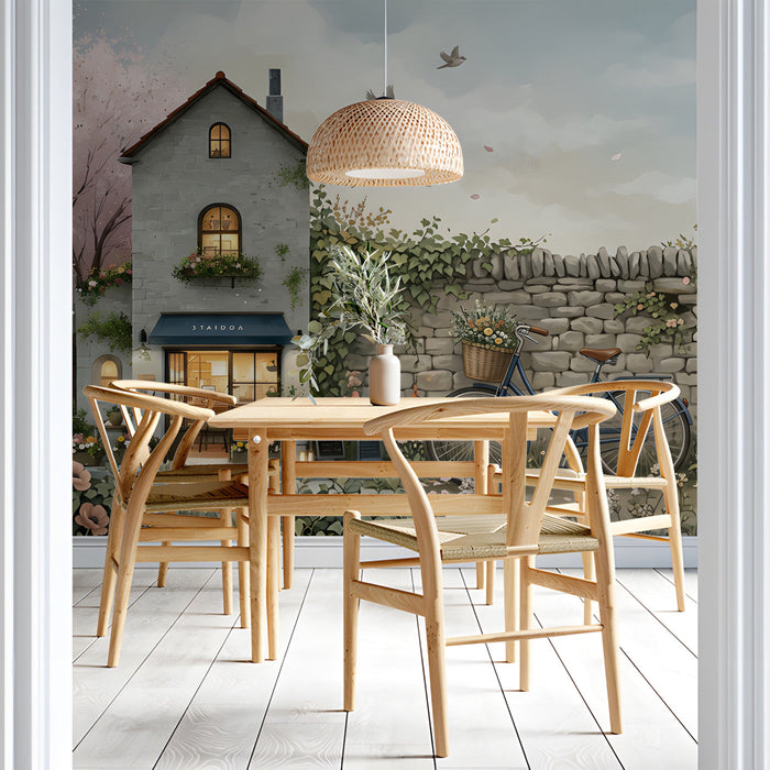 A cozy dining room wall featuring a soft spring garden mural behind a wooden bed frame.