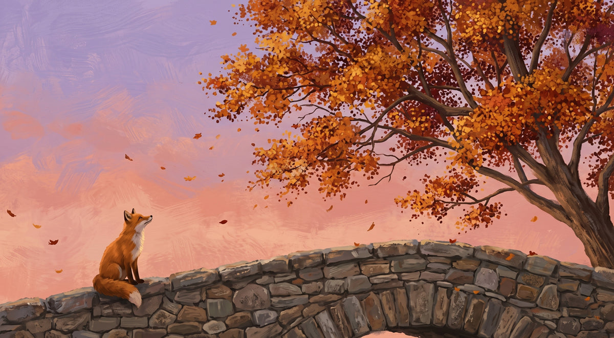 A digital oil painting mural featuring a fox on a stone bridge under a bright autumn tree against a peach and violet sky.