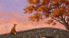 A digital oil painting mural featuring a fox on a stone bridge under a bright autumn tree against a peach and violet sky.