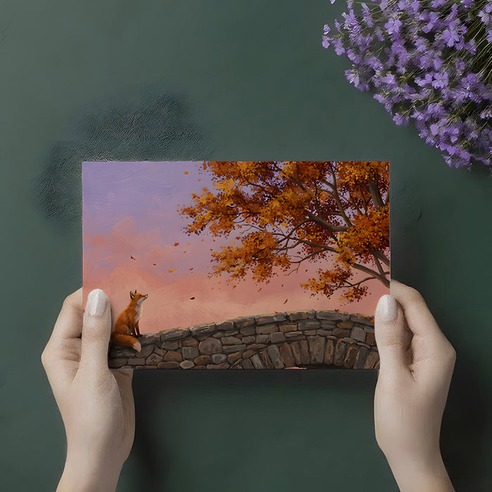 A quiet reading nook with the autumn landscape wallpaper creating a peaceful escape.