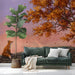 A serene home office corner featuring the artistic forest and stone bridge mural.