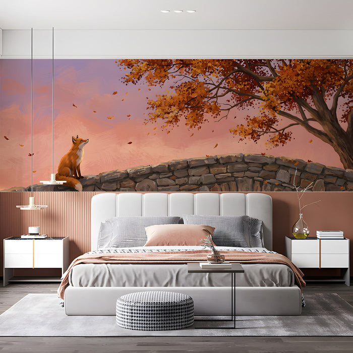 A cozy bedroom wall featuring the autumn fox mural above a wooden headboard.