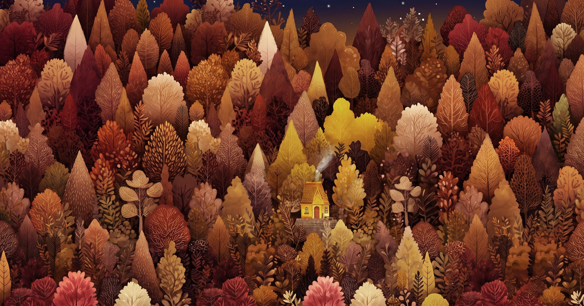 An illustrative autumn forest wallpaper pattern in shades of copper, rust, and ochre with a single glowing yellow cabin.