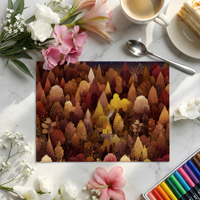A quiet study room with a whimsical forest mural, creating a peaceful and inspiring backdrop for reading.