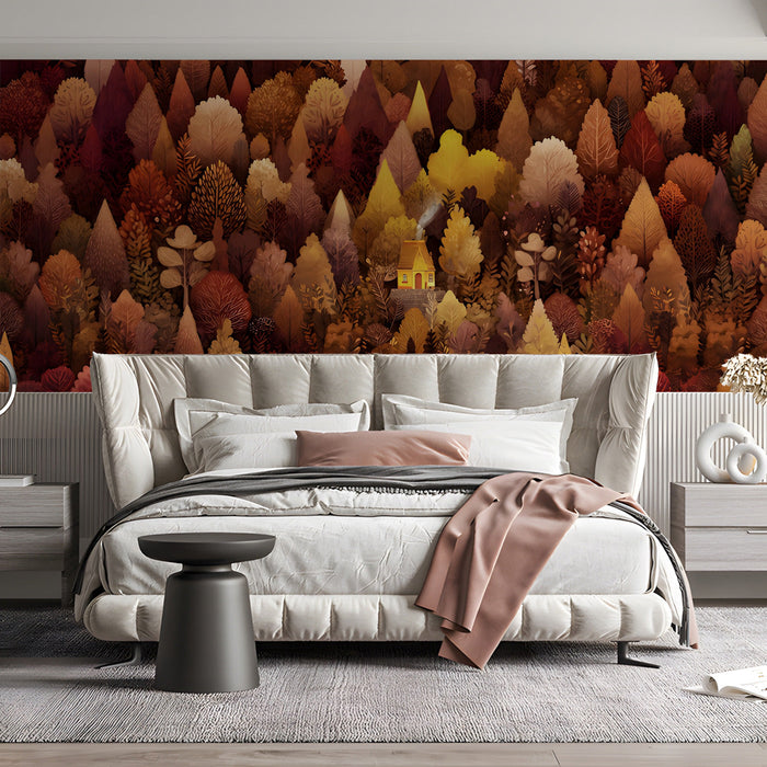 A charming bedroom decorated with an autumn cabin mural, adding a soft and imaginative touch to the walls.