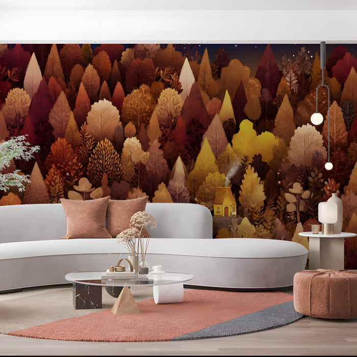 A cozy commercial space featuring an autumnal forest mural that brings a warm, woodland feel to the sleeping space.