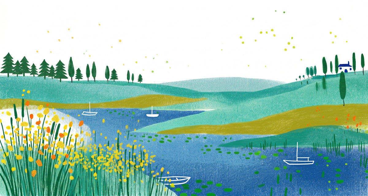 Whimsical lake landscape mural featuring teal hills, sapphire water, white sailboats, and ochre wildflowers on white background