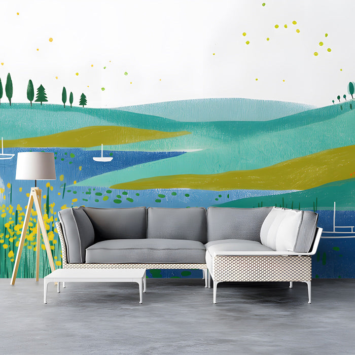 Light-filled home office space featuring a colorful painted lake landscape wallpaper