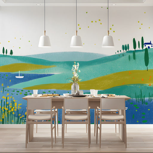 Cheerful dining room featuring a whimsical lake landscape mural on the main wall