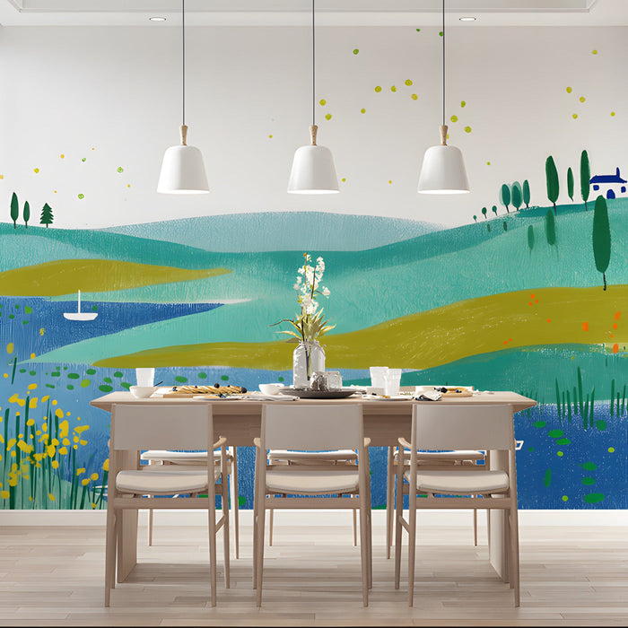 Cheerful dining room featuring a whimsical lake landscape mural on the main wall
