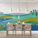 Cheerful dining room featuring a whimsical lake landscape mural on the main wall