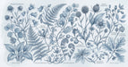 Botanical sketch wallpaper pattern with blue ferns and wildflowers on a pale background