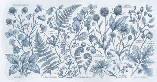 Botanical sketch wallpaper pattern with blue ferns and wildflowers on a pale background