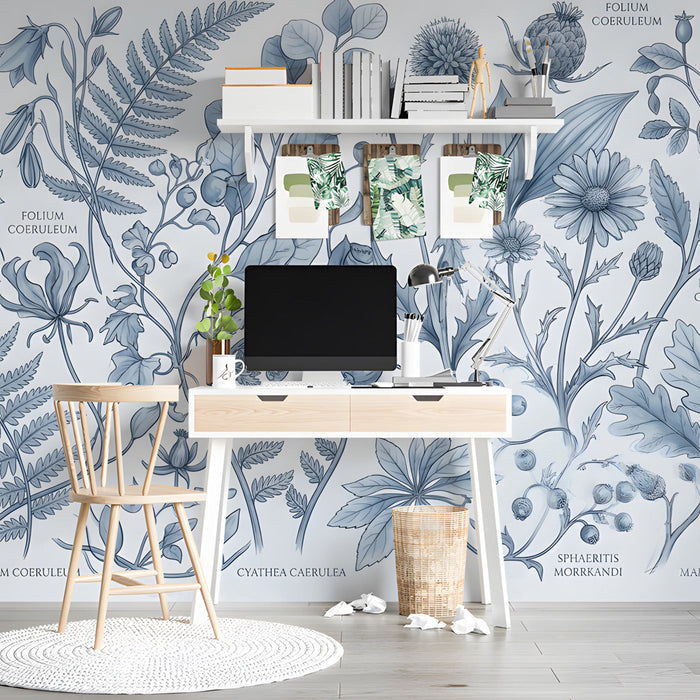 Scientific sketch wallpaper in a calm and airy reading nook