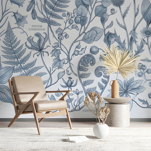 Blue botanical wallpaper in a bright, modern home office space