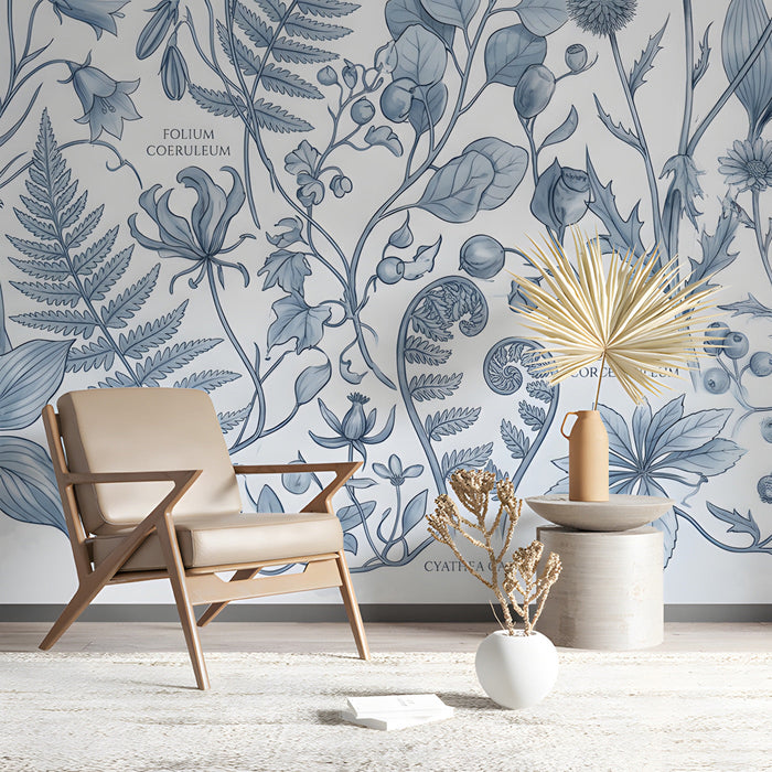 Blue botanical wallpaper in a bright, modern home office space