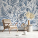Blue botanical wallpaper in a bright, modern home office space