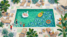 A vibrant painterly wallpaper of a swimming pool with people, lounge chairs, swan floats, and lush tropical plants.