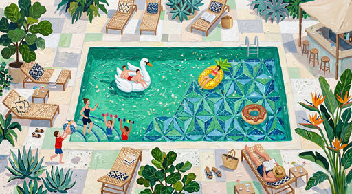 A vibrant painterly wallpaper of a swimming pool with people, lounge chairs, swan floats, and lush tropical plants.